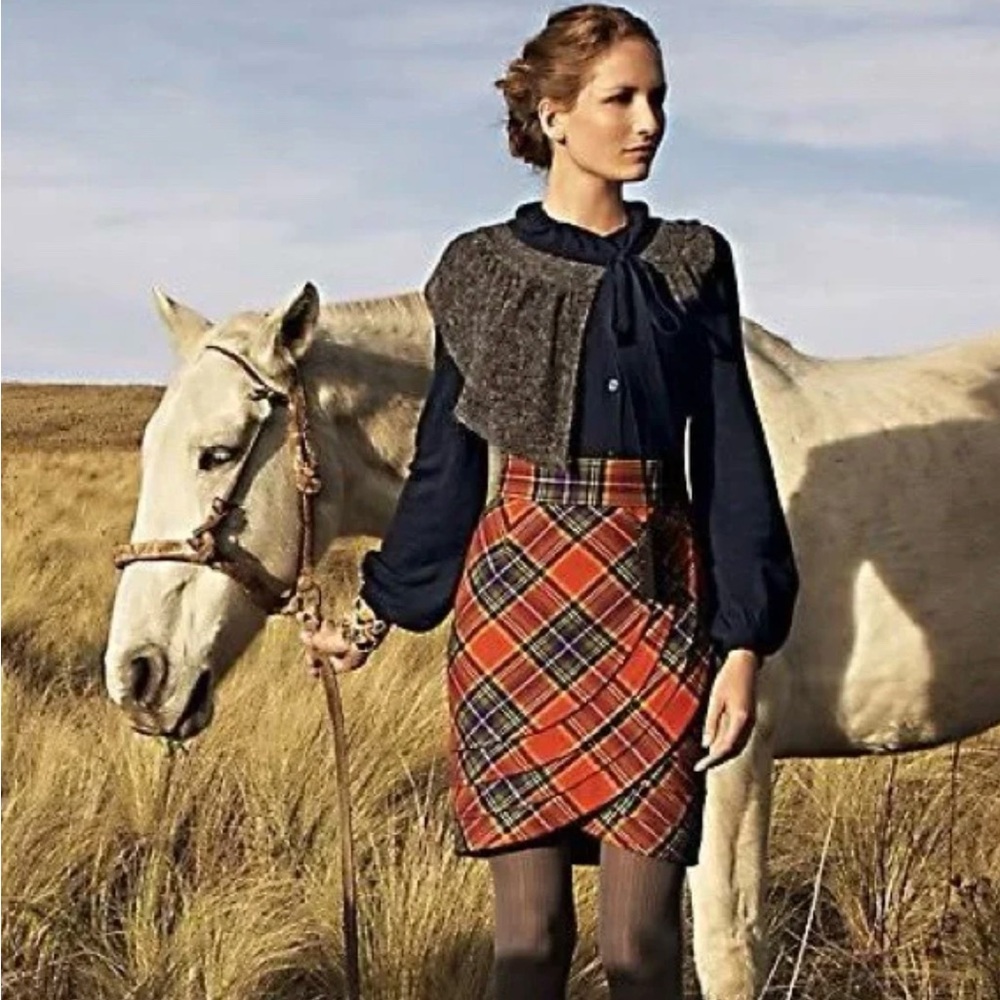 NWT Anthropologie Easy Keeper skirt Orange Plaid Pencil Skirt 8